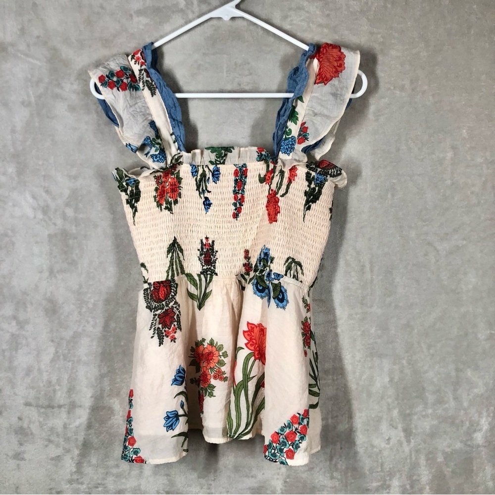 THML Floral Smocked Tank Top Womens S Cream Romantic Ruffles Cottage Flowy Light
